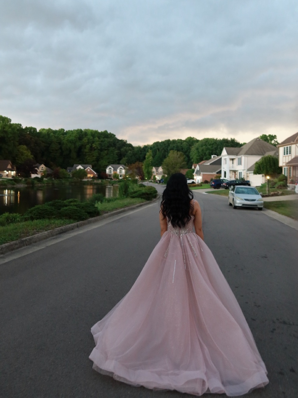 Embellished Pink Tulle Prom Gown with Crystal Accents - Picture 4 of 5